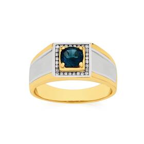 9ct+Gold+Two+Tone+London+Blue+Topaz+%26+Diamonds+Square+Top+Ring