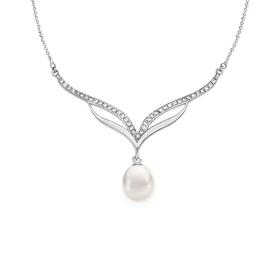 Silver+Cult+Fresh+Water+Pearl+On+Cubic+Zirconia+V+Necklet