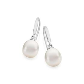 Sterling+Silver+9X9.5mm+Cultured+F%2FW+Pearl+Drop+Earrings