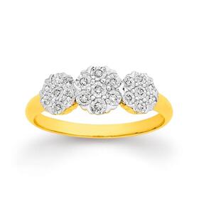 9ct+Gold+Diamond+Cluster+Trilogy+Ring