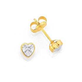 9ct+Gold+Cubic+Zirconia+Heart+Stud+Earrings