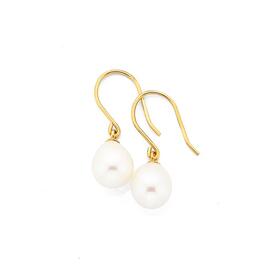 9ct+Gold+Cultured+Freshwater+Pearl+Drop+Earrings