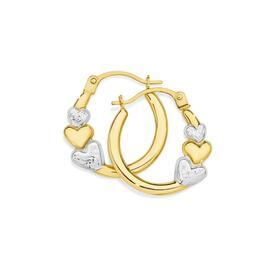 9ct+Gold+Two+Tone+12mm+Diamond-Cut+Triple+Heart+Hoop+Earrings