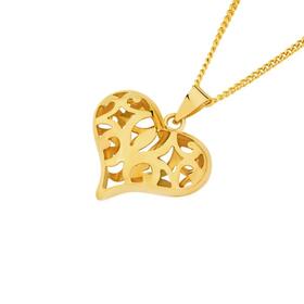 9ct+Gold+Puff+Filigree+Cutout+Heart+Pendant