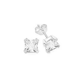 Sterling+Silver+6mm+Square+Cubic+Zirconia+Double+Claw+Studs