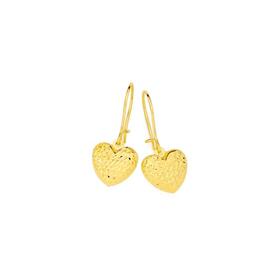 9ct+Gold+Diamond+Cut+Puff+Heart+Drop+Euroball+Hook+Earrings