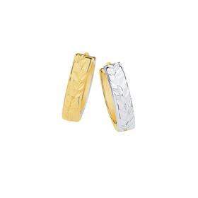 9ct+Gold+Two+Tone+3x10mm+Diamond-Cut+Reversible+Huggie+Earrings