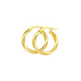 9ct+Gold+15mm+Plain+and+Twist+Hoop+Earrings