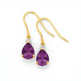 9ct-Gold-Amethyst-Diamond-Hook-Earrings on sale