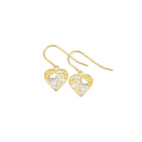 9ct+Gold+Two+Tone+Diamond-Cut+Filigree+Heart+Drop+Hook+Earrings