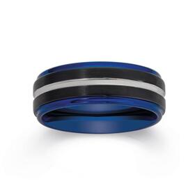 Tungsten+Carbide+Black+with+Blue+Bevel+Edges+and+Silver+Line+Gents+Ring