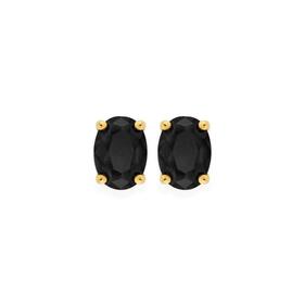 9ct+Gold+Black+Sapphire+Oval+Cut+Stud+Earrings