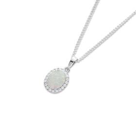 Sterling-Silver-Man-Made-Opal-Cubic-Zirconia-Oval-Halo-Pendant on sale