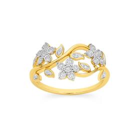 9ct+Gold+Diamond+Leaf%2FFlower+Ring