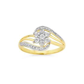 9ct+Gold+Diamond+Flower+Cluster+Swirl+Wrap+Ring