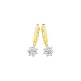 9ct-Gold-Diamond-Flower-Cluster-Drop-Huggie-Earrings on sale