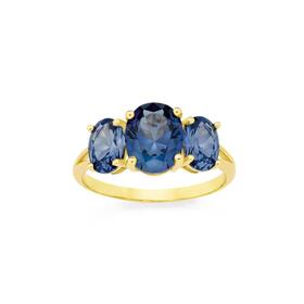 9ct-Gold-Created-Ceylon-Sapphire-Trilogy-Ring on sale
