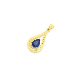 9ct+Gold+Created+Sapphire+%26amp%3B+Diamond+Open+Teardrop+Pendant