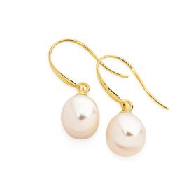 9ct+Gold+Pearl++Hook+Earrings