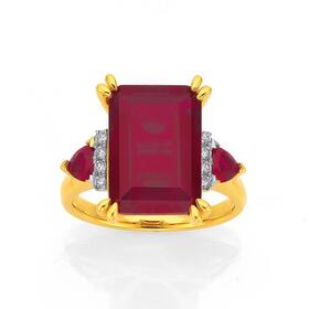 9ct-Gold-Created-Ruby-Diamond-Emerald-Cut-Dress-Ring on sale