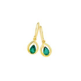 9ct+Gold+Created+Emerald+Hook+Earrings