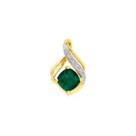 9ct+Gold+Created+Emerald+%26amp%3B+Diamond+Swirl++Pendant