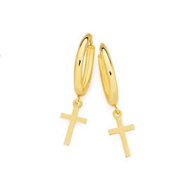 9ct+Gold+1.5x10mm+Hoop+Earrings+With+Cross+Drop