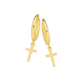 9ct-Gold-15x10mm-Hoop-Earrings-With-Cross-Drop on sale