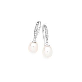 Sterling+Silver+Pearl+on+Pave+Cubic+Zirconia+Hook+Earrings