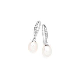 Sterling-Silver-75mm-Freshwater-Pearl-Pave-Cubic-Zirconia-Hook-Earrings on sale