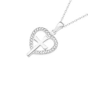 Sterling-Silver-Cross-Cubic-Zirconia-Heart-Pendant on sale
