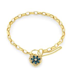 9ct-Gold-19cm-Solid-London-Blue-Topaz-Diamond-Flower-Padlock-Bracelet on sale