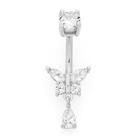 Silver-Steel-Cubic-Zirconia-Butterfly-with-Drop-Belly-Bar on sale