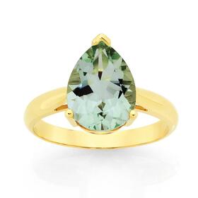 9ct+Gold+Green+Amethyst+Pear+Shape+Ring