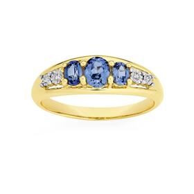 9ct-Gold-Created-Sapphire-Diamond-Oval-Cut-Trilogy-Ring on sale