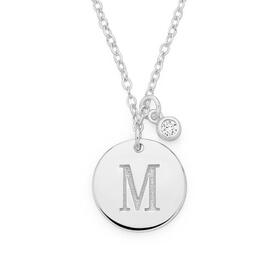 Sterling-Silver-Cubic-Zirconia-M-Disc-Initial-Pendant on sale