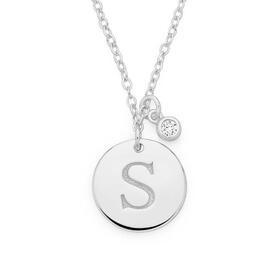 Silver-Initial-S-Disc-With-CZ-Charm-Necklace on sale