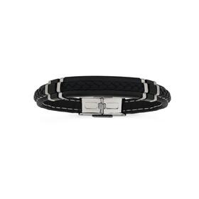 Stainless-Steel-21cm-Black-Leather-Plait-Gents-Bracelet on sale