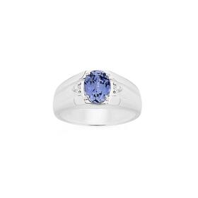 Sterling-Silver-Oval-Created-Sapphire-Centre-Cubic-Zirconia-Gents-Side-Ring on sale