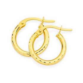 9ct+Gold+10mm+Diamond+Cut+Hoop+Earrings