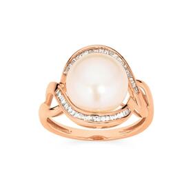 9ct+Rose+Gold+Pink+Cultured+Freshwater+Pearl+Diamond+Swirl+Ring