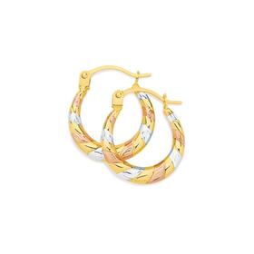 9ct+Gold+Tri+Tone+Diamond+Tight+Twist+Mini+Creole+Earrings