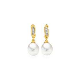 9ct+Gold+Cultured+Freshwater+Pearl+%26amp%3B+Diamond+Drop+Stud+Earrings