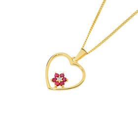 9ct-Gold-Natural-Ruby-Diamond-Petite-Flower-Heart-Pendant on sale