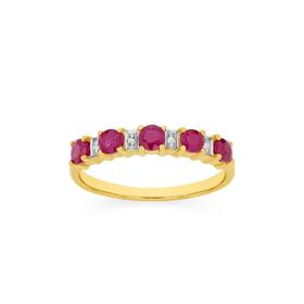 9ct+Gold+Natural+Ruby+%26amp%3B+Diamond+Claw+Set+Band