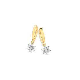 9ct+Gold+Diamond+Flower+Cluster+Drop+Huggie+Earrings