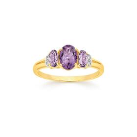 9ct+Gold+Pink+Amethyst+%26amp%3B+Diamond+Oval+Cut+Trilogy+Ring