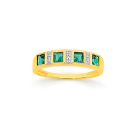 9ct+Gold+Created+Emerald+%26amp%3B+Diamond+Band