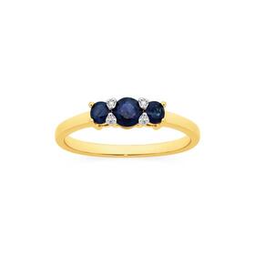 9ct-Gold-Natural-Sapphire-Diamond-Trilogy-Ring on sale