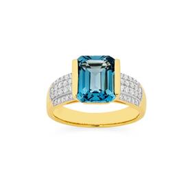 9ct-Gold-London-Blue-Topaz-Diamond-Shoulder-Ring on sale